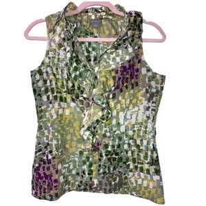 Ann Taylor size 4 silk blend sleeveless ruffle neck button blouse EUC 15126 2724
